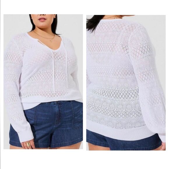 Torrid Pointelle White Tie Neck Lightweight Sweater Pullover - Picture 1 of 9